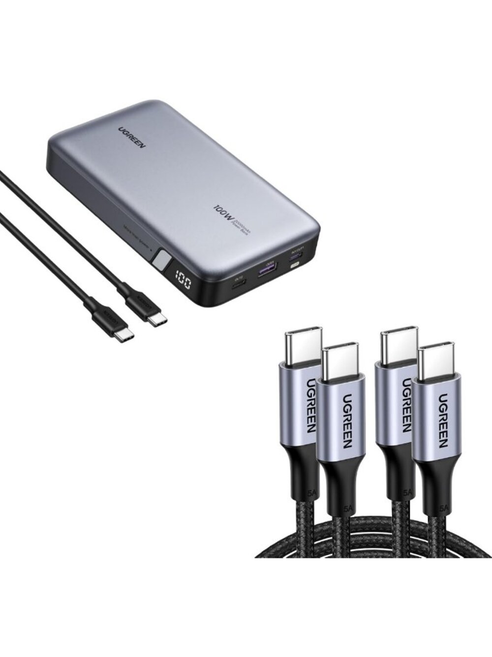 100W Power Bank Bundle with 2-Pack 3.3FT USB C Charging Cables - Fast Charge!
